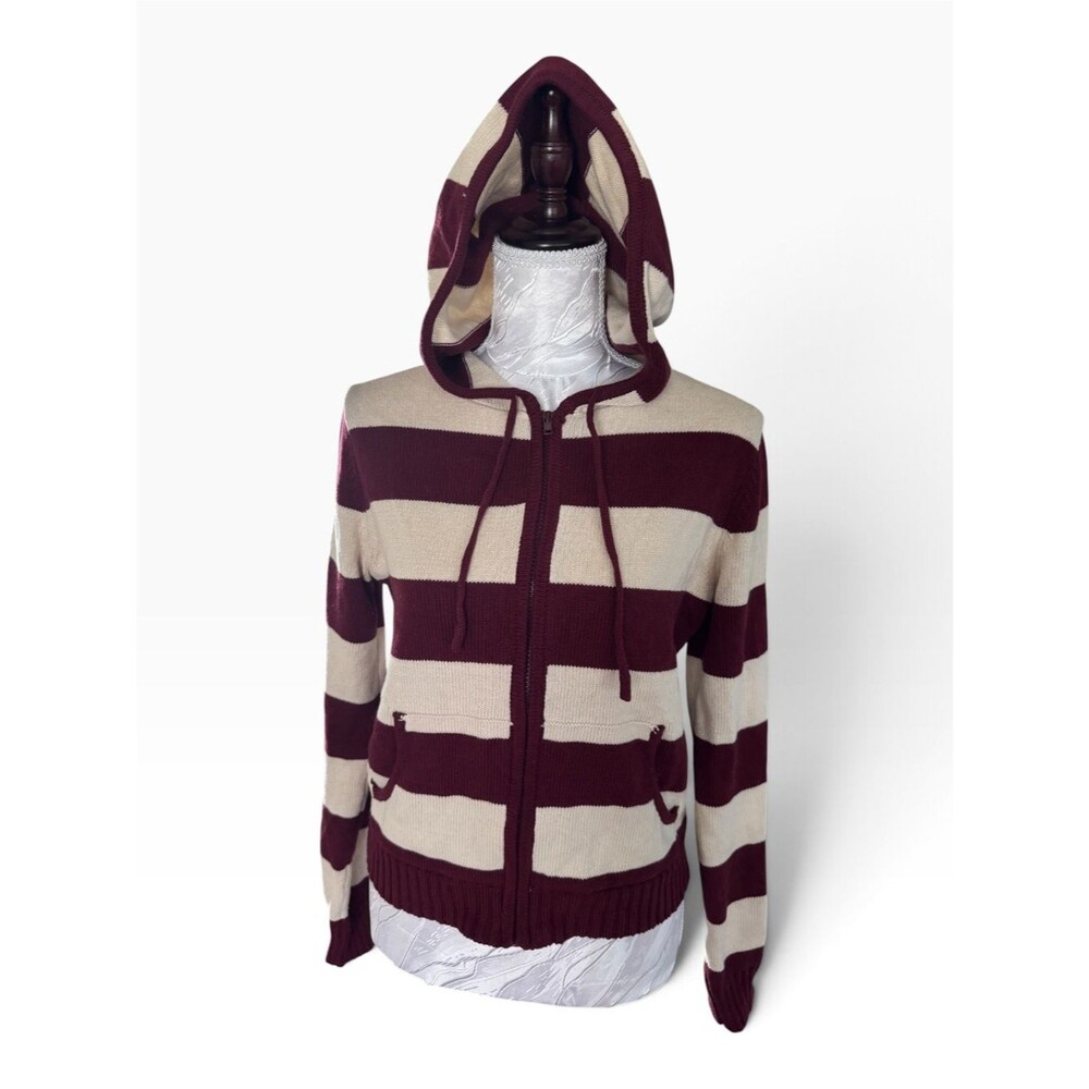 Pink Rose Striped Hooded Zip Sweater Jacket - Burgundy and Cream NWT